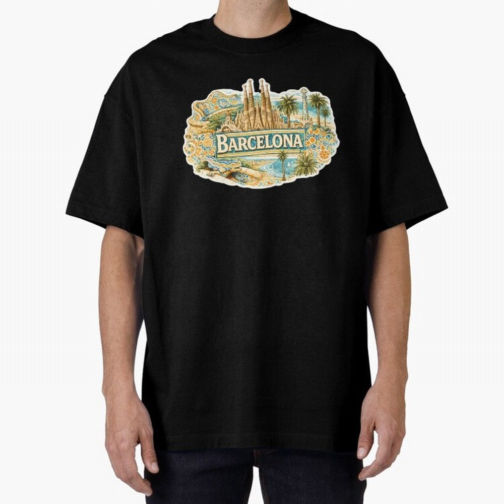 Barcelona Souvenir Sagrada Familia and Mosaic Design Oversized T-Shirt Capture FIFA World Cup 2026 Group Stage Filled with CR7 and Messi, Argentina and Brazil Energy, Retro Football Energy, Iconic Rivalries, Trophy Chase Drama and Stadium