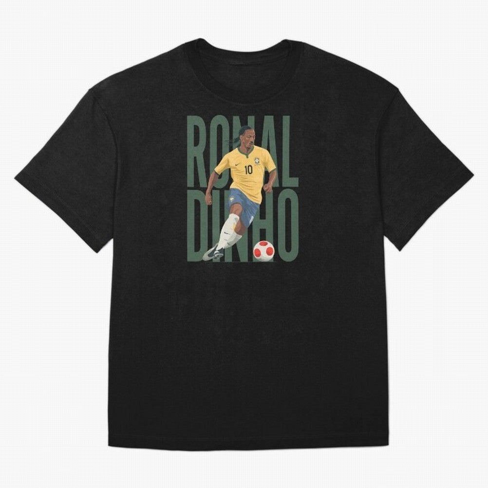 Ronaldinho Gaucho in action Minimalist Graphic Premium T-Shirt Celebrate Classic Football Spirit in FIFA World Cup 2026 USA Canada Mexico Spirit, with Spain and Netherlands, Messi and Cristiano Ronaldo, Supporter Pride, Iconic Celebrations,