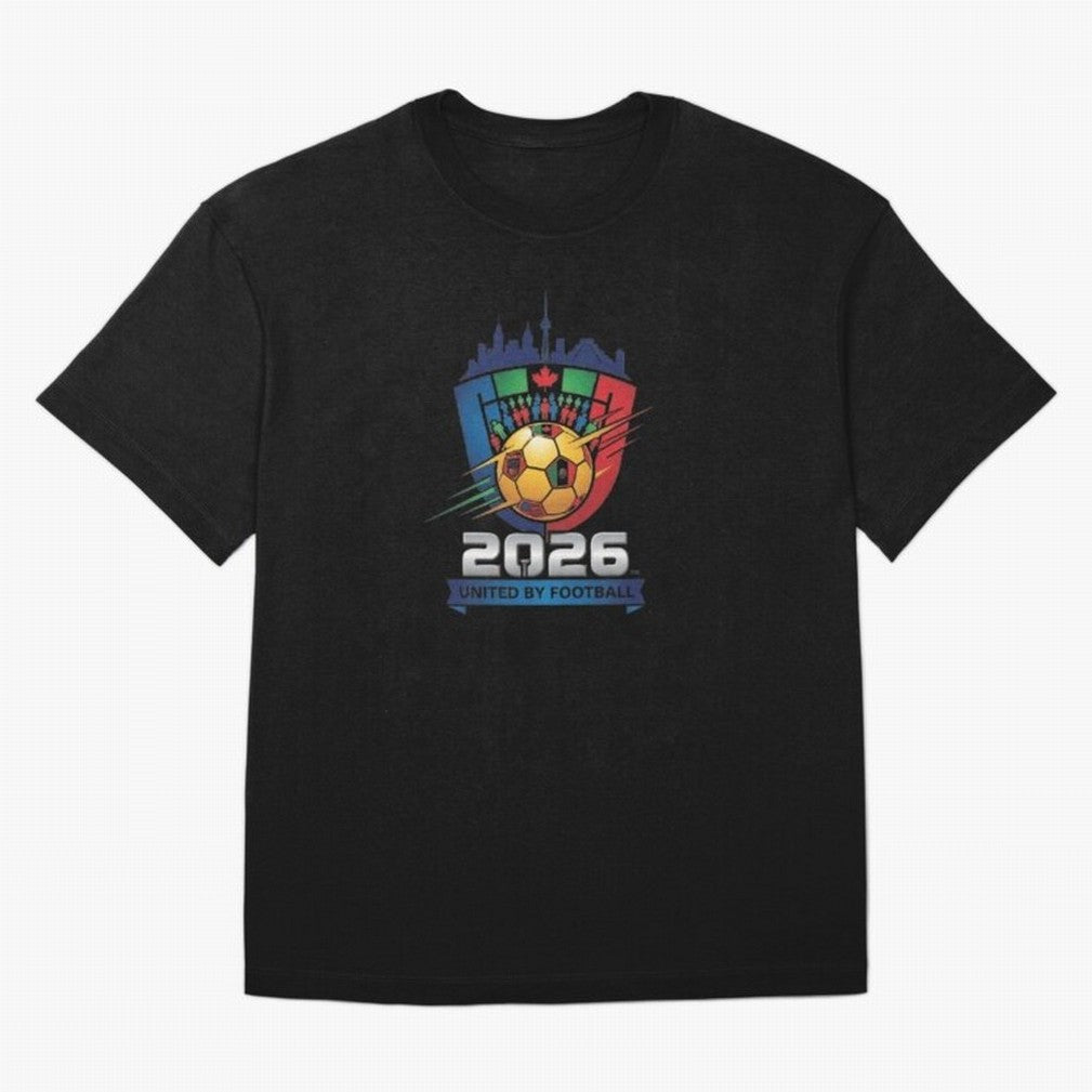 2026 World Cup United by Football Shield Emblem with Skyline Classic T-Shirt Enjoy the Biggest Football Party of FIFA World Cup 2026 Group Stage Filled with Messi, England Energy, Global Supporter Spirit, Legendary Goals, National Colors and