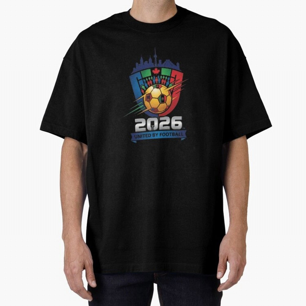 2026 World Cup United by Football Shield Emblem with Skyline Classic T-Shirt Enjoy the Biggest Football Party of FIFA World Cup 2026 Group Stage Filled with Messi, England Energy, Global Supporter Spirit, Legendary Goals, National Colors and