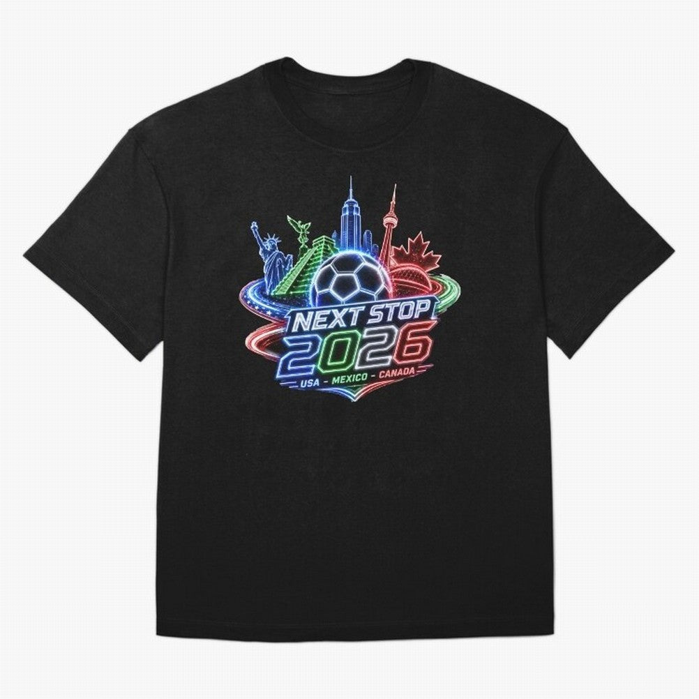 Next Stop 2026 USA Mexico Canada Neon Soccer Emblem Classic T-Shirt Share FIFA World Cup 2026 Group Stage Spirit, Celebrating Netherlands, Cristiano Ronaldo, Football Passion, Legendary Performances, Festival Vibes and Supporter Community; Made for