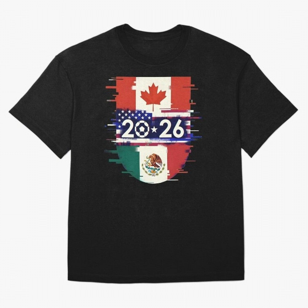 Glitched United 2026 - North America Emblem Cup Classic T-Shirt Cheer for Global Football Passion for FIFA World Cup 2026 Group Stage, Driven by Haaland, Brazil, Portugal and Argentina, Championship Spirit, Famous Goals, Roaring Crowds and