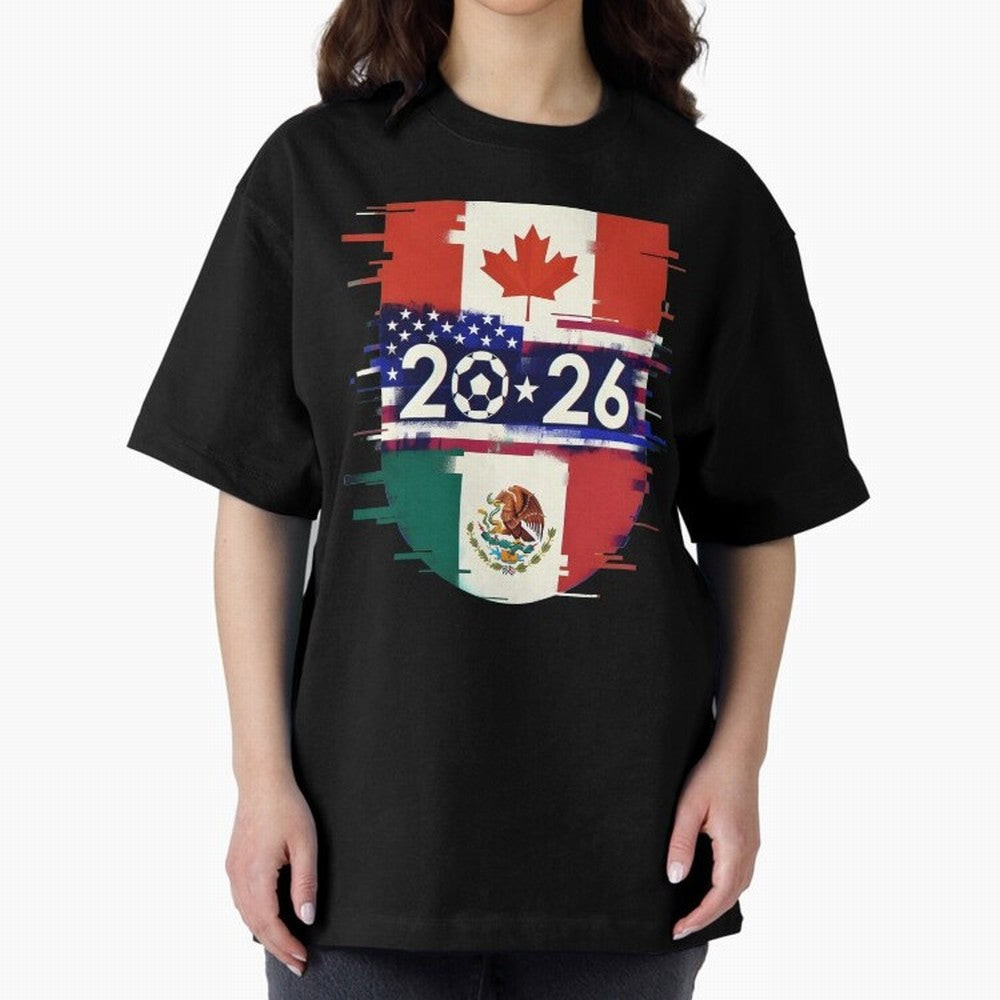 Glitched United 2026 - North America Emblem Cup Classic T-Shirt Cheer for Global Football Passion for FIFA World Cup 2026 Group Stage, Driven by Haaland, Brazil, Portugal and Argentina, Championship Spirit, Famous Goals, Roaring Crowds and