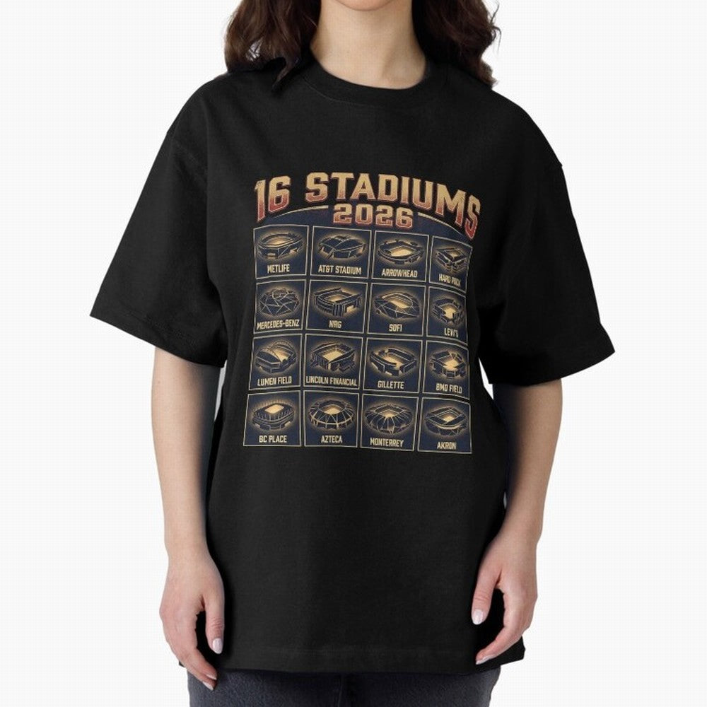 Sixteen Stadiums for 2026 World Cup Classic T-Shirt Bring Retro Soccer Energy to FIFA World Cup 2026 Spirit, Highlighting Spain, CR7, Stadium Chants, National Pride, Trophy Dreams and Unforgettable Football Memories; Made for Collectors Who Enjoy