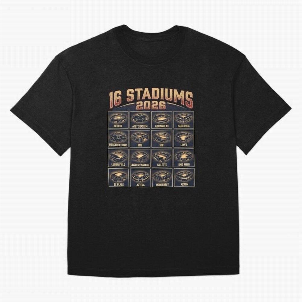 Sixteen Stadiums for 2026 World Cup Classic T-Shirt Bring Retro Soccer Energy to FIFA World Cup 2026 Spirit, Highlighting Spain, CR7, Stadium Chants, National Pride, Trophy Dreams and Unforgettable Football Memories; Made for Collectors Who Enjoy