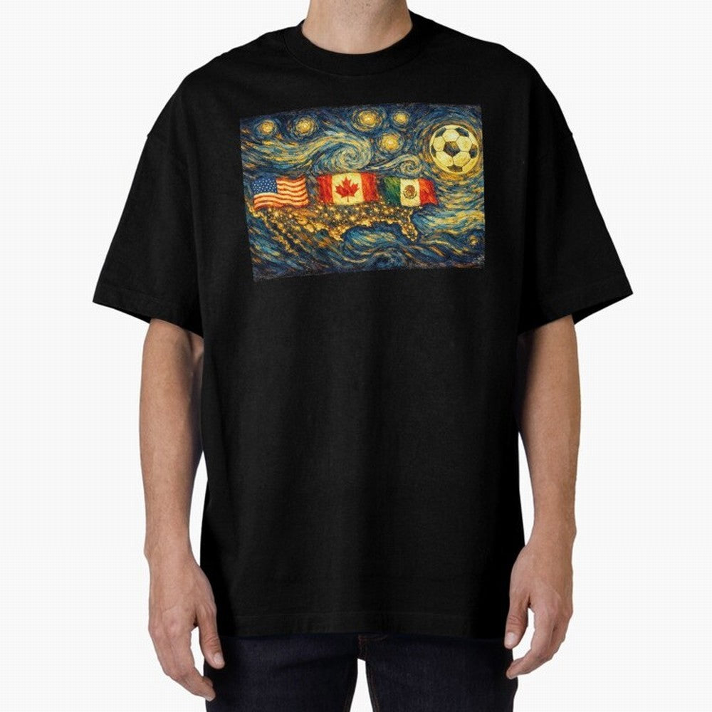 North America Soccer Starry Night Dreamy and Swirls Inspired from Van Gogh Classic T-Shirt Bring Home Global Football Passion for FIFA World Cup 2026 USA Canada Mexico, Centered on Mbappe, Portugal, Spain and Germany, Worldwide Fan Energy, Dramatic