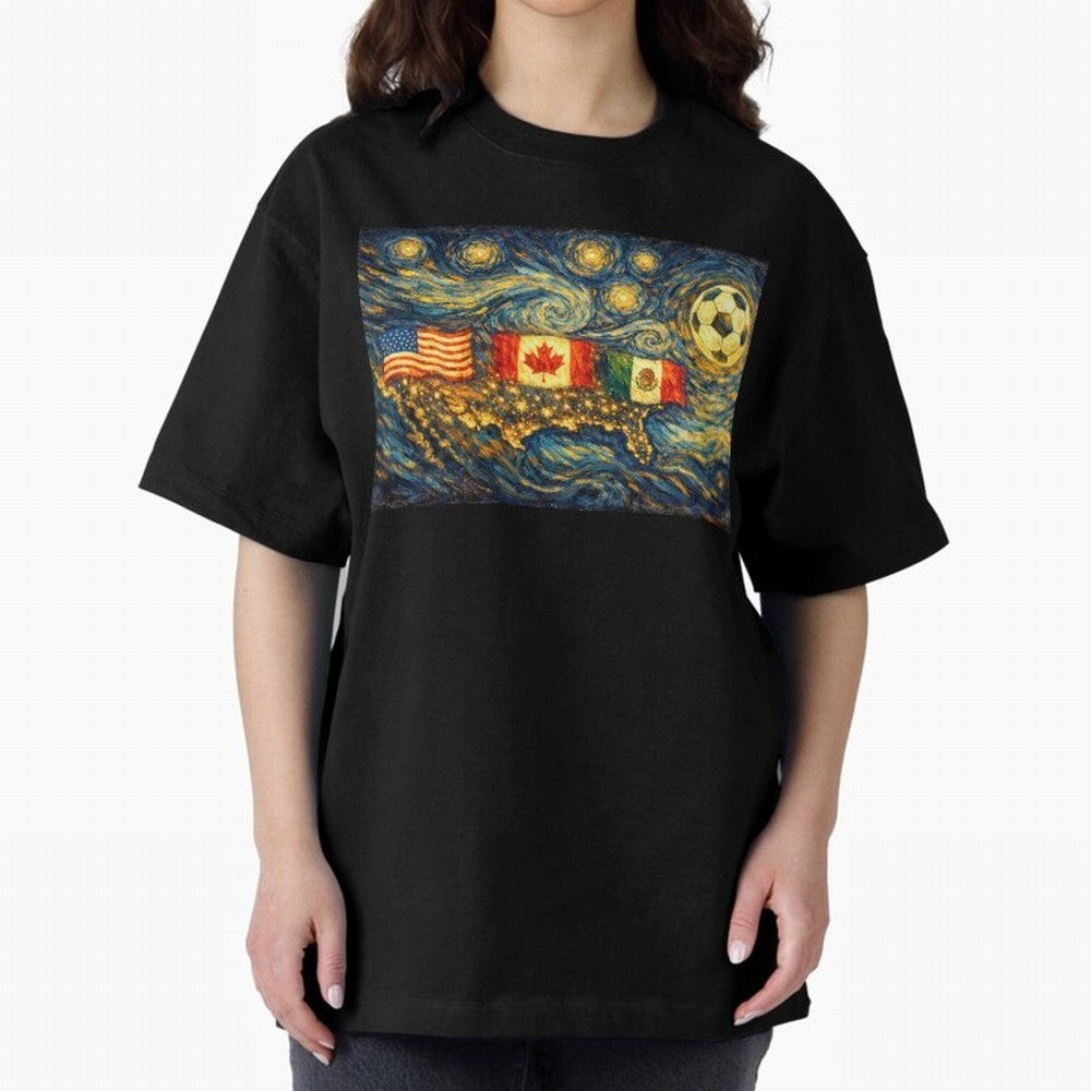 North America Soccer Starry Night Dreamy and Swirls Inspired from Van Gogh Classic T-Shirt Bring Home Global Football Passion for FIFA World Cup 2026 USA Canada Mexico, Centered on Mbappe, Portugal, Spain and Germany, Worldwide Fan Energy, Dramatic