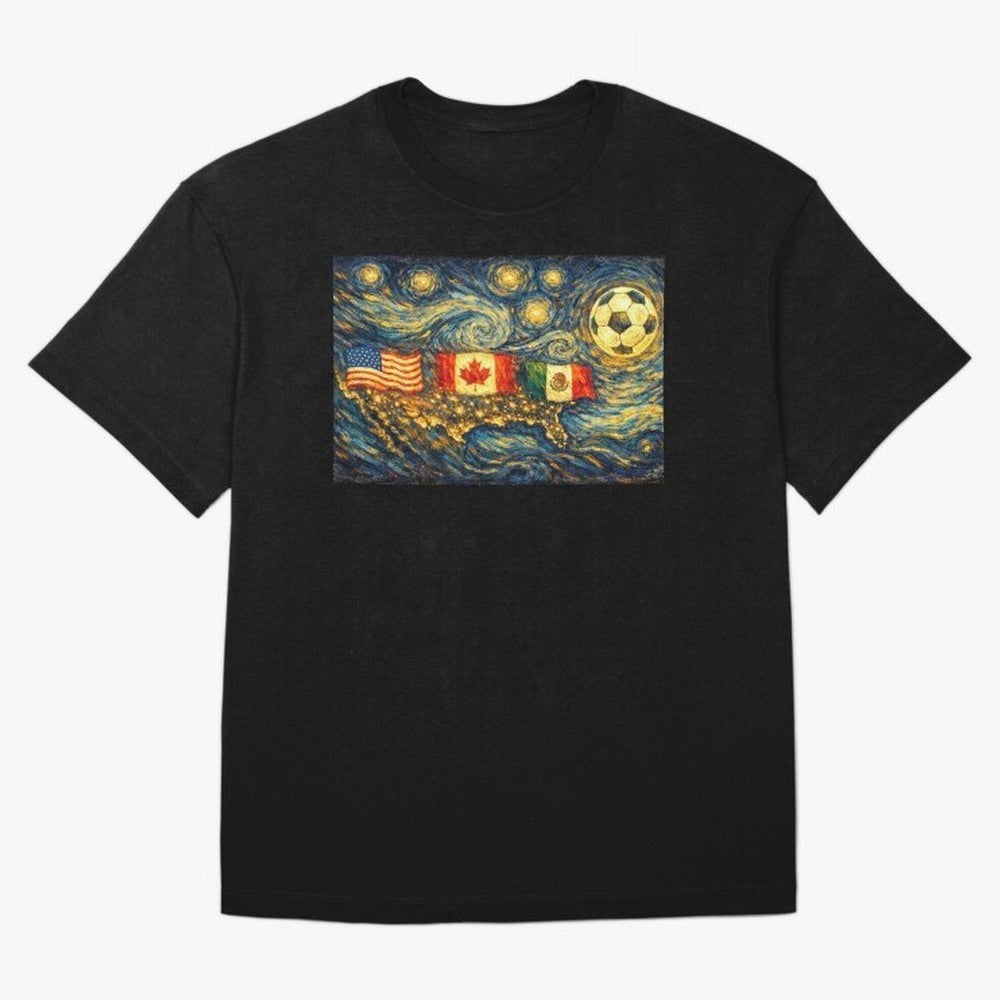 North America Soccer Starry Night Dreamy and Swirls Inspired from Van Gogh Classic T-Shirt Bring Home Global Football Passion for FIFA World Cup 2026 USA Canada Mexico, Centered on Mbappe, Portugal, Spain and Germany, Worldwide Fan Energy, Dramatic