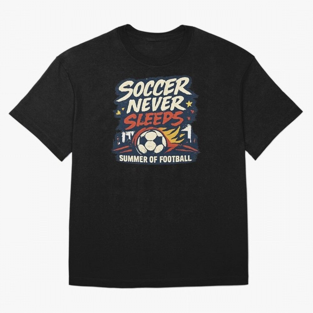 Soccer Never Sleeps Summer of Football Vintage Soccer Fan Tee Classic T-Shirt Support the Legends of FIFA World Cup 2026 Group Stage Spirit, Inspired by Portugal, Messi, CR7 and Mbappe, Classic Soccer Heritage, Championship Pressure, Fan Loyalty