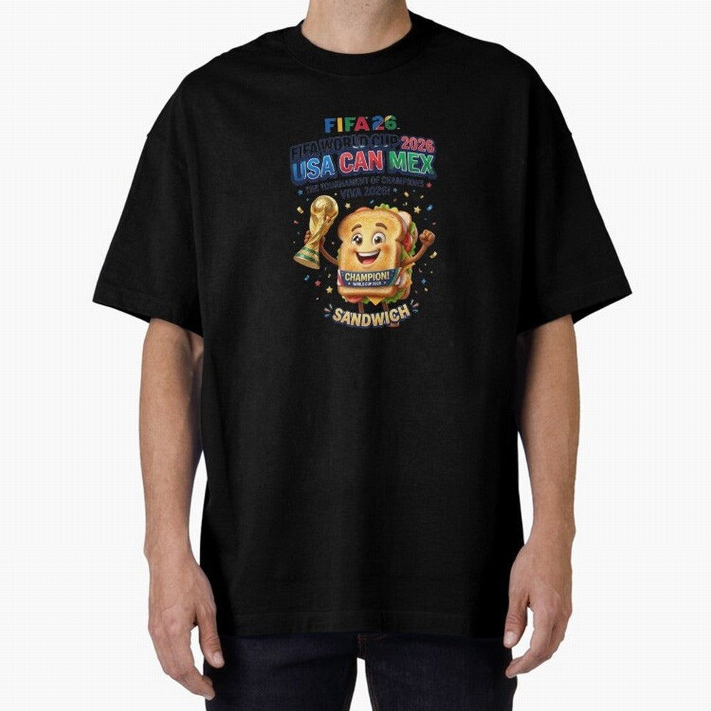 Cartoon Sandwich Champion Holding 2026 World Cup Trophy Classic T-Shirt Step into Global Football Passion for FIFA World Cup 2026 Group Stage, Built around Messi, CR7 and Mbappe, Brazil, Portugal and Argentina, Sports Nostalgia, International