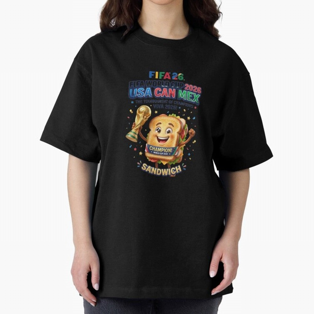 Cartoon Sandwich Champion Holding 2026 World Cup Trophy Classic T-Shirt Step into Global Football Passion for FIFA World Cup 2026 Group Stage, Built around Messi, CR7 and Mbappe, Brazil, Portugal and Argentina, Sports Nostalgia, International