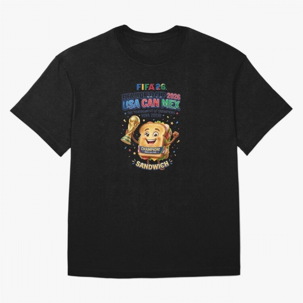 Cartoon Sandwich Champion Holding 2026 World Cup Trophy Classic T-Shirt Step into Global Football Passion for FIFA World Cup 2026 Group Stage, Built around Messi, CR7 and Mbappe, Brazil, Portugal and Argentina, Sports Nostalgia, International