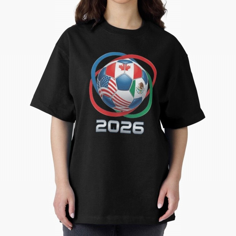 3D Realistic World Cup 2026 Soccer Ball with Rings Oversized T-Shirt Show Up for the Glory of Match Day Hype around FIFA World Cup 2026, CR7 and Messi, Portugal, Spain and Germany, Vintage Soccer Flavor, Modern Football Stars, National Flags and