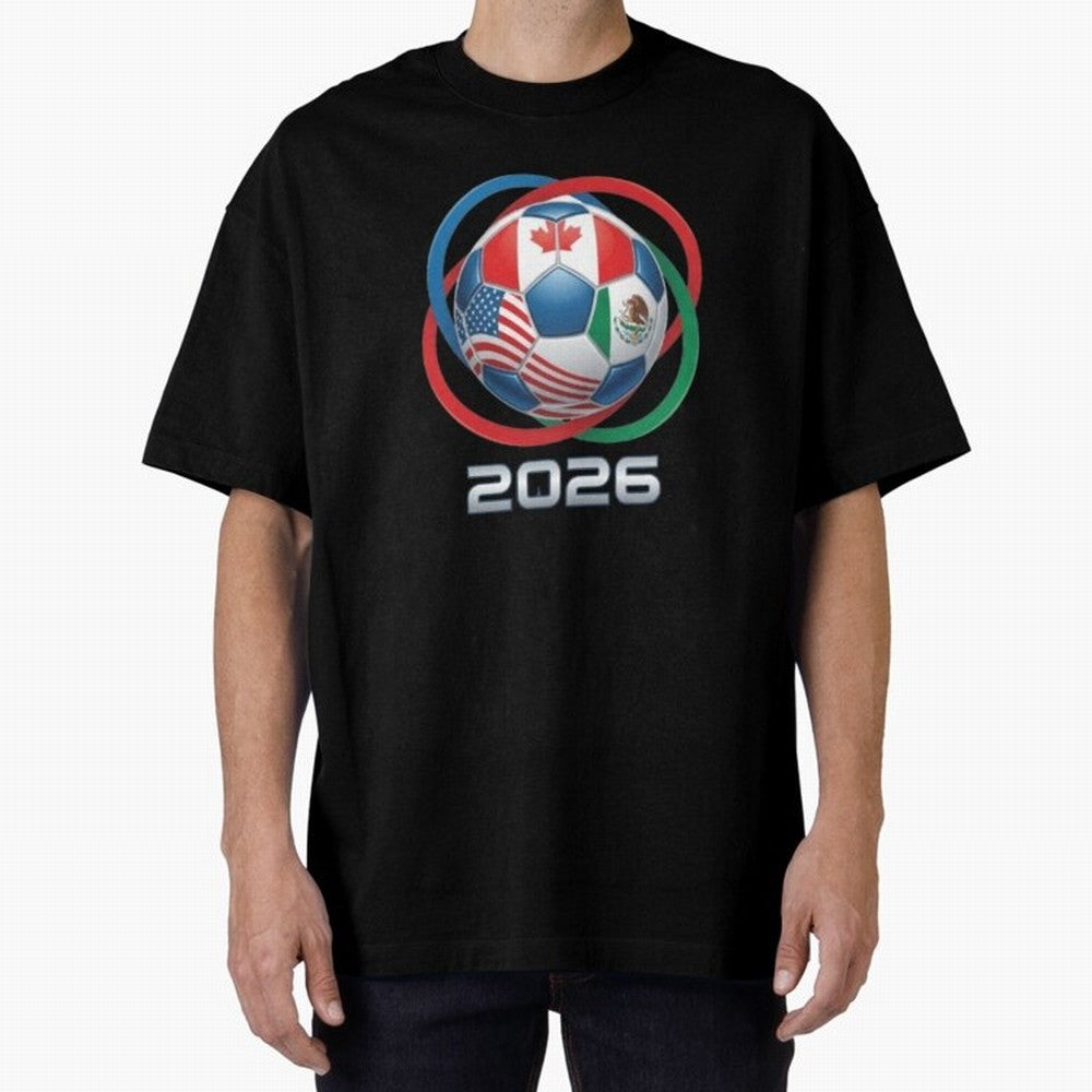 3D Realistic World Cup 2026 Soccer Ball with Rings Oversized T-Shirt Show Up for the Glory of Match Day Hype around FIFA World Cup 2026, CR7 and Messi, Portugal, Spain and Germany, Vintage Soccer Flavor, Modern Football Stars, National Flags and