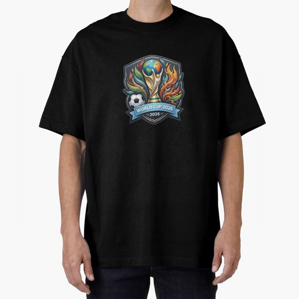 World Cup 2026 Football Crest - Retro Vintage Sticker Oversized T-Shirt Relive FIFA World Cup 2026 Group Stage Spirit, Featuring Portugal, Spain and Germany, Neymar, Haaland and Cristiano Ronaldo, Football Festival Excitement, Trophy Ambitions,