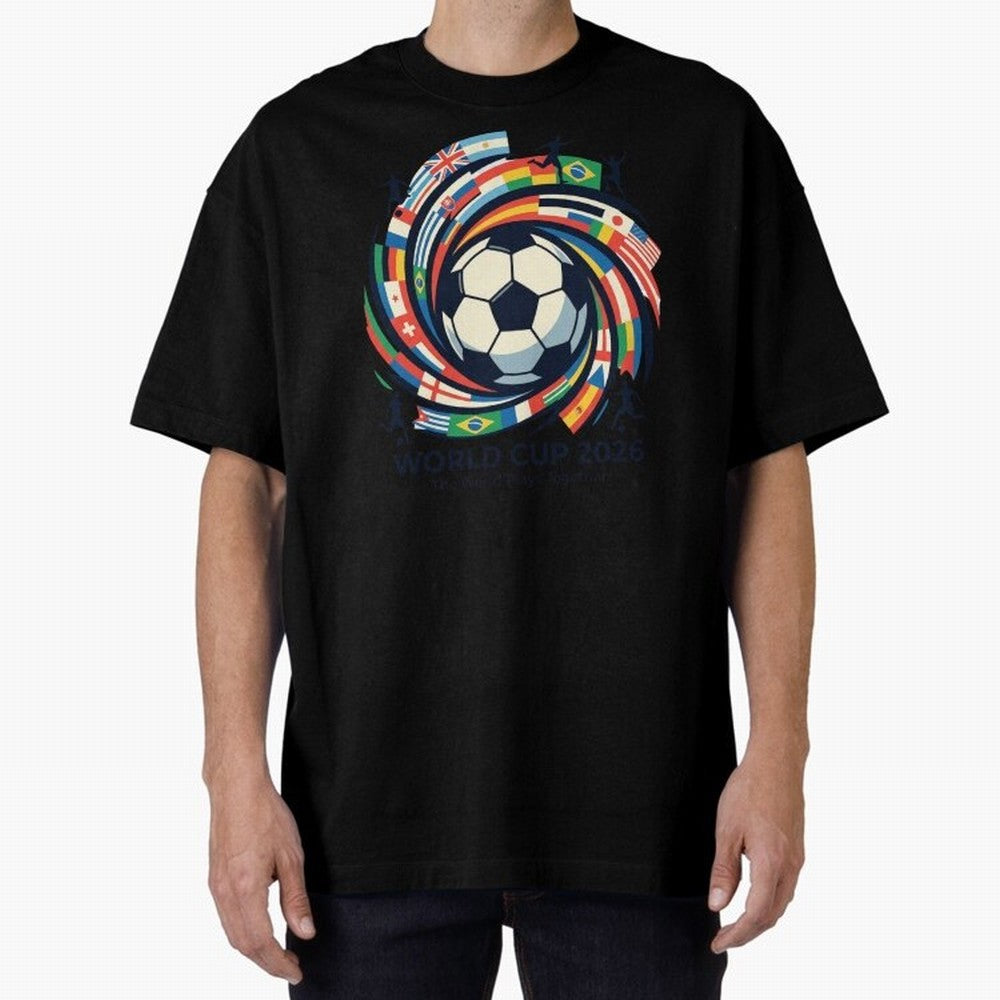 2D World Cup 2026 Football Spiral Flag Design T-Shirt Oversized T-Shirt Celebrate the Biggest Stage of FIFA World Cup 2026 USA Canada Mexico Spirit, Filled with Brazil, Cristiano Ronaldo, Haaland and CR7, Football History, Final Match Energy, Crowd