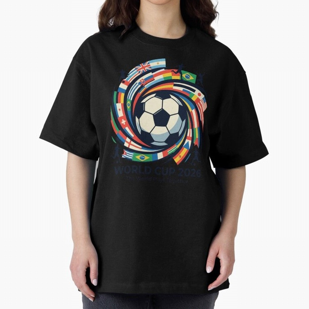 2D World Cup 2026 Football Spiral Flag Design T-Shirt Oversized T-Shirt Celebrate the Biggest Stage of FIFA World Cup 2026 USA Canada Mexico Spirit, Filled with Brazil, Cristiano Ronaldo, Haaland and CR7, Football History, Final Match Energy, Crowd