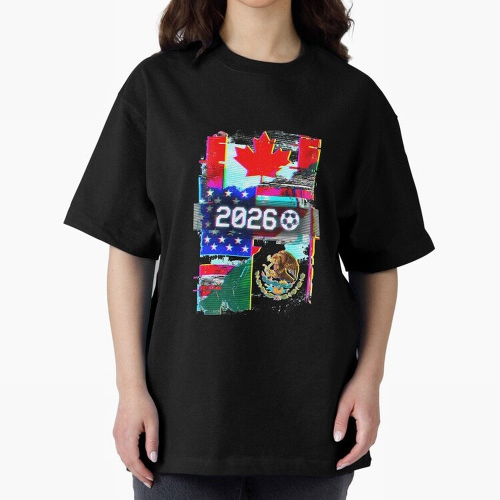 Glitched United 2026 - North America Tournament Emblem Oversized T-Shirt Celebrate Soccer Greatness during FIFA World Cup 2026 Group Stage Spirit, Built around Brazil, Portugal and Argentina, Messi, CR7 and Mbappe, Football History, Final Match