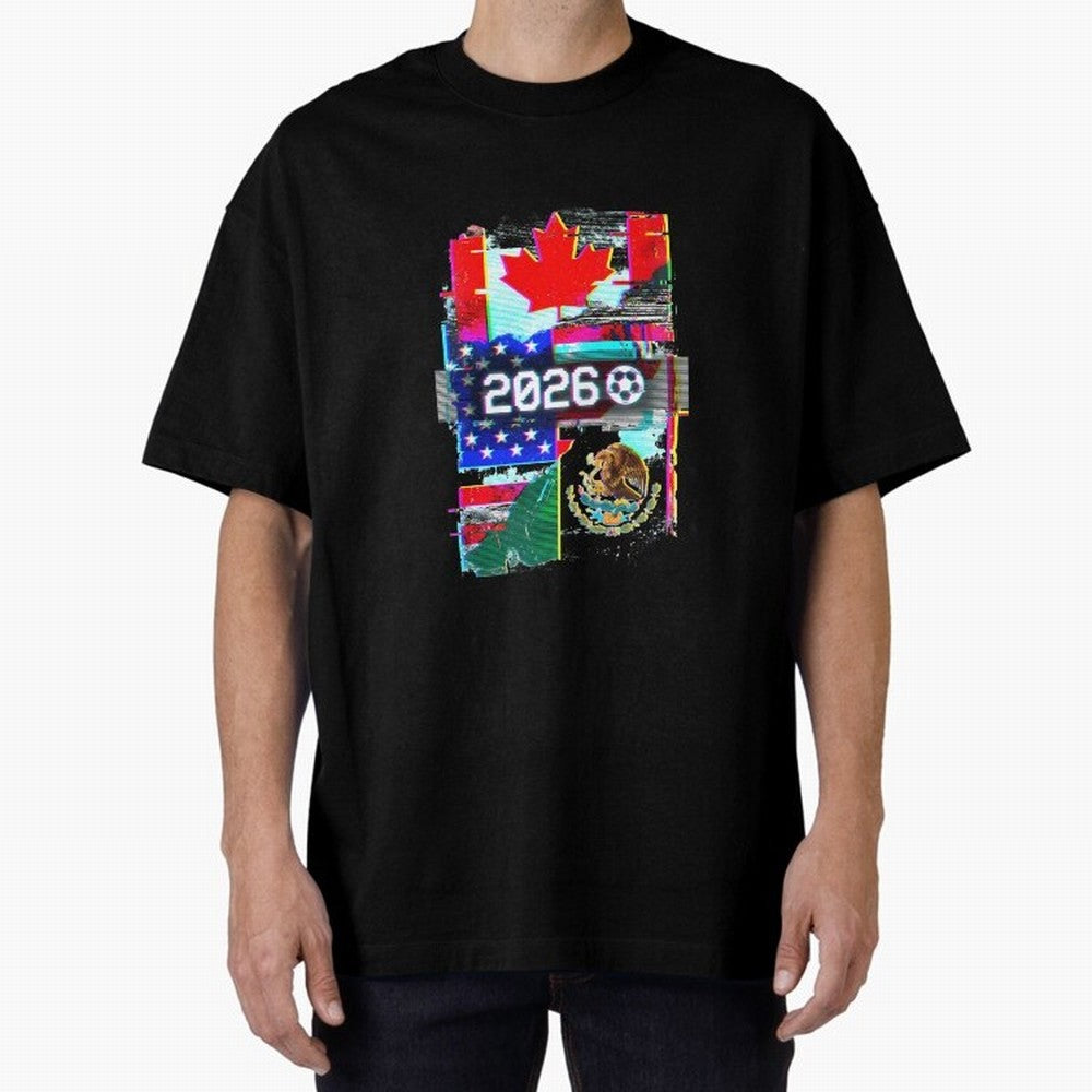 Glitched United 2026 - North America Tournament Emblem Oversized T-Shirt Celebrate Soccer Greatness during FIFA World Cup 2026 Group Stage Spirit, Built around Brazil, Portugal and Argentina, Messi, CR7 and Mbappe, Football History, Final Match