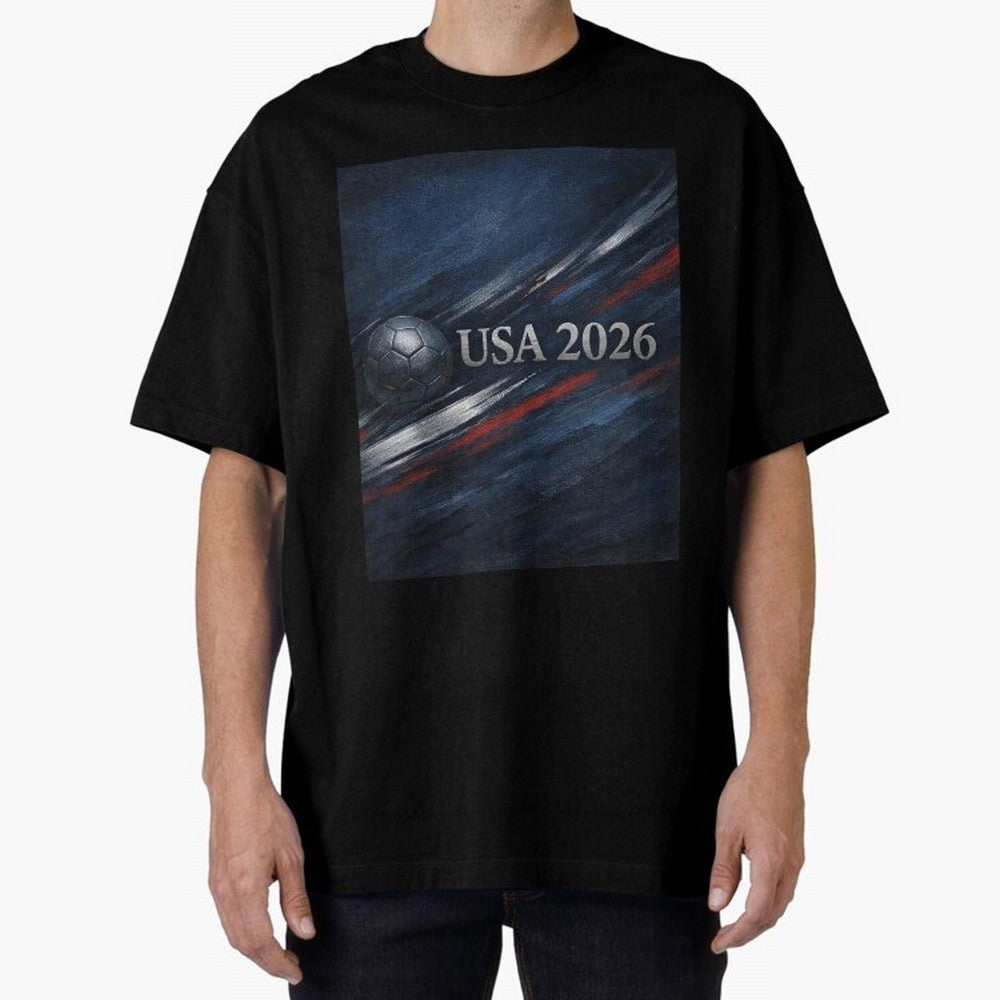 USA 2026 Soccer Design Inspired Oversized T-Shirt Celebrate the Road through FIFA World Cup 2026 USA Canada Mexico for Fans of Haaland and Brazil, Portugal and Argentina, Bringing Global Supporter Spirit, Legendary Goals, National Colors and