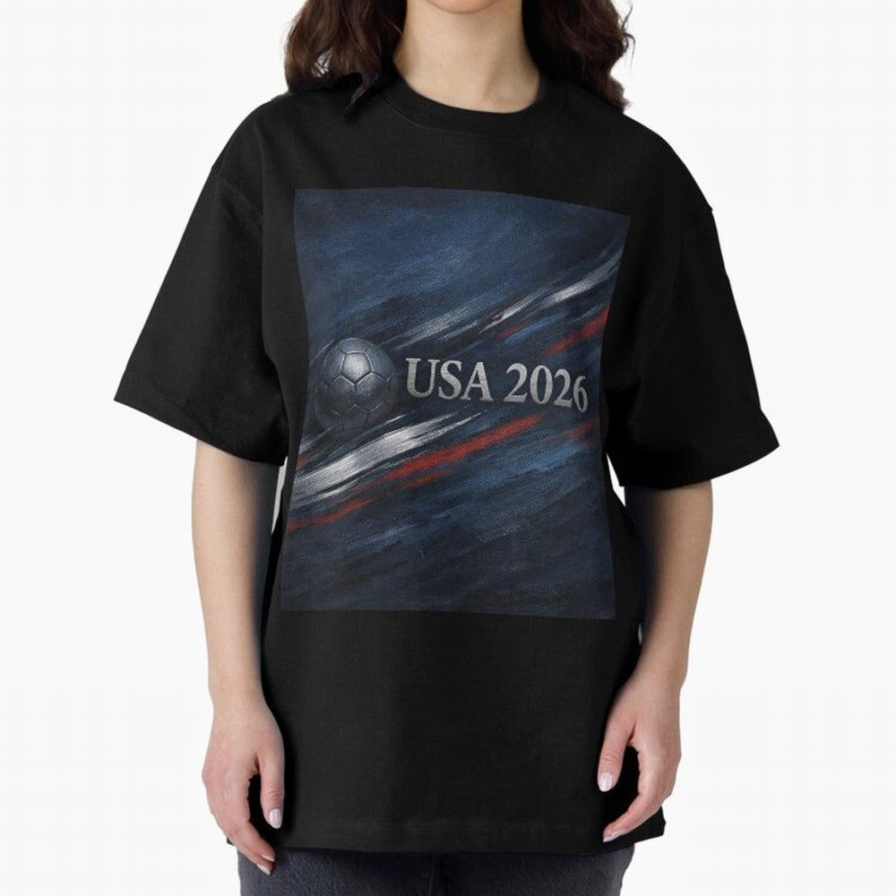 USA 2026 Soccer Design Inspired Oversized T-Shirt Celebrate the Road through FIFA World Cup 2026 USA Canada Mexico for Fans of Haaland and Brazil, Portugal and Argentina, Bringing Global Supporter Spirit, Legendary Goals, National Colors and