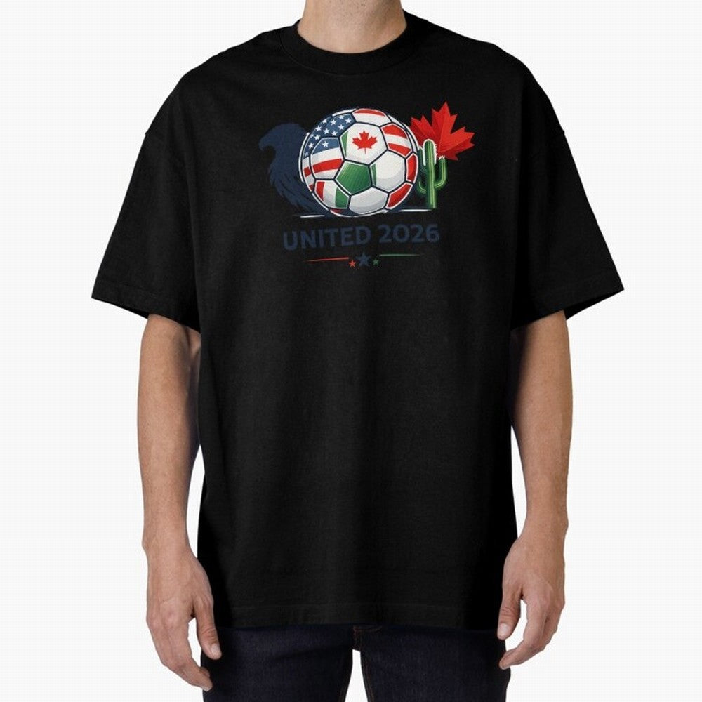 World Cup 2026 United Soccer Design Oversized T-Shirt Elevate FIFA World Cup 2026 Spirit, Filled with France and Portugal, Messi and Cristiano Ronaldo, Sports Nostalgia, International Competition, Famous Players and Unforgettable Victories; Perfect