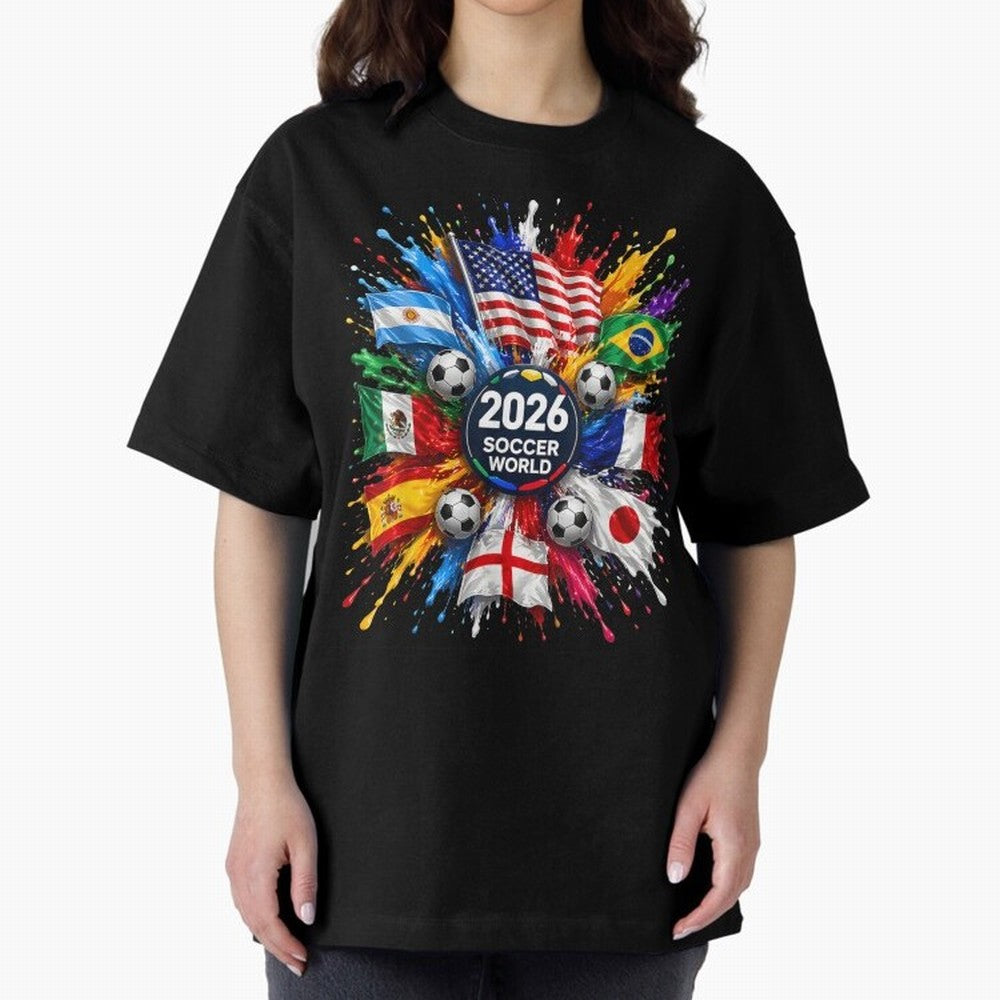 2026 Soccer World USA Flag Burst Fan Tee Oversized T-Shirt Honor Football Greatness during FIFA World Cup 2026 for Fans of Mbappe and Brazil, Bringing Football History, Final Match Energy, Crowd Noise and Once in a Lifetime Moments; Perfect for