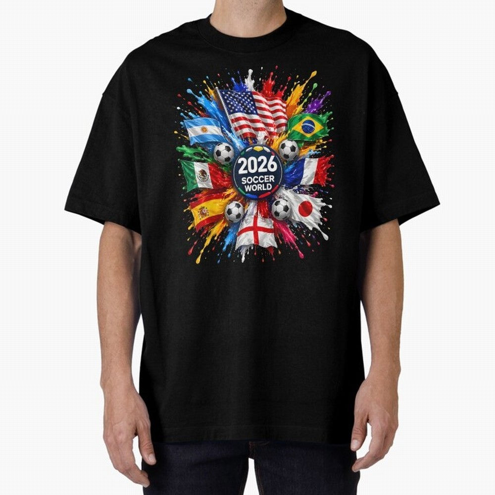 2026 Soccer World USA Flag Burst Fan Tee Oversized T-Shirt Honor Football Greatness during FIFA World Cup 2026 for Fans of Mbappe and Brazil, Bringing Football History, Final Match Energy, Crowd Noise and Once in a Lifetime Moments; Perfect for