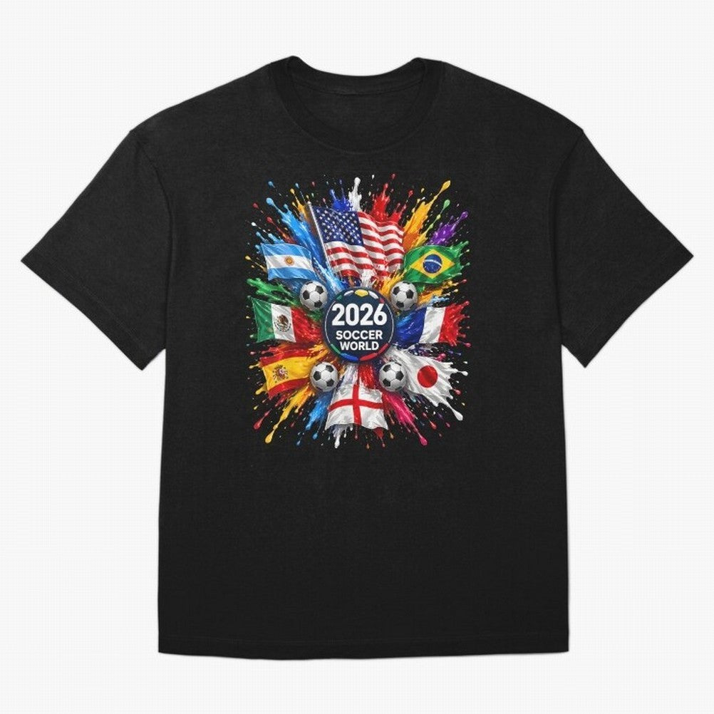 2026 Soccer World USA Flag Burst Fan Tee Oversized T-Shirt Honor Football Greatness during FIFA World Cup 2026 for Fans of Mbappe and Brazil, Bringing Football History, Final Match Energy, Crowd Noise and Once in a Lifetime Moments; Perfect for