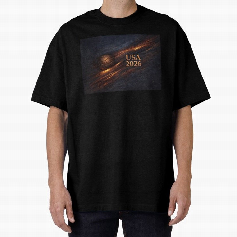 Soccer Ball with USA 2026 Inspired Oversized T-Shirt Represent the Passion of Match Day Hype around FIFA World Cup 2026 USA Canada Mexico, Neymar, Haaland and Cristiano Ronaldo, Argentina and Brazil, Retro Football Energy, Iconic Rivalries, Trophy