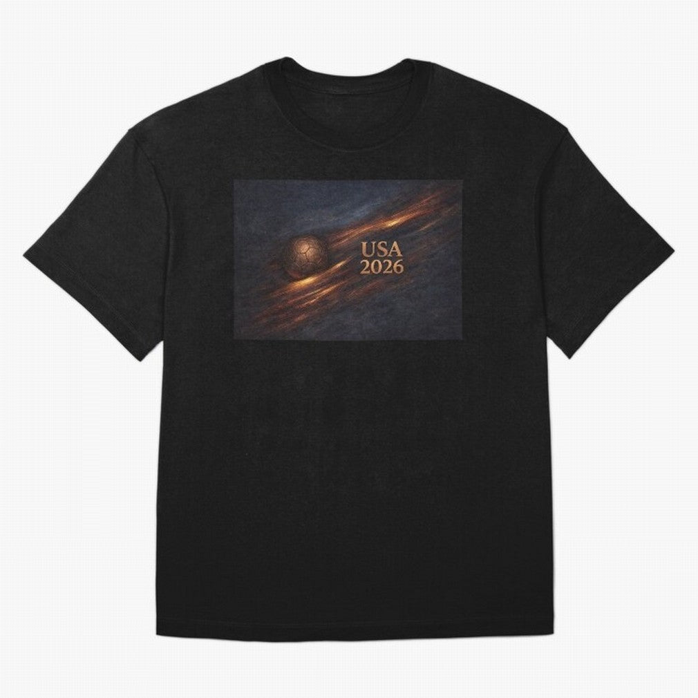 Soccer Ball with USA 2026 Inspired Oversized T-Shirt Represent the Passion of Match Day Hype around FIFA World Cup 2026 USA Canada Mexico, Neymar, Haaland and Cristiano Ronaldo, Argentina and Brazil, Retro Football Energy, Iconic Rivalries, Trophy