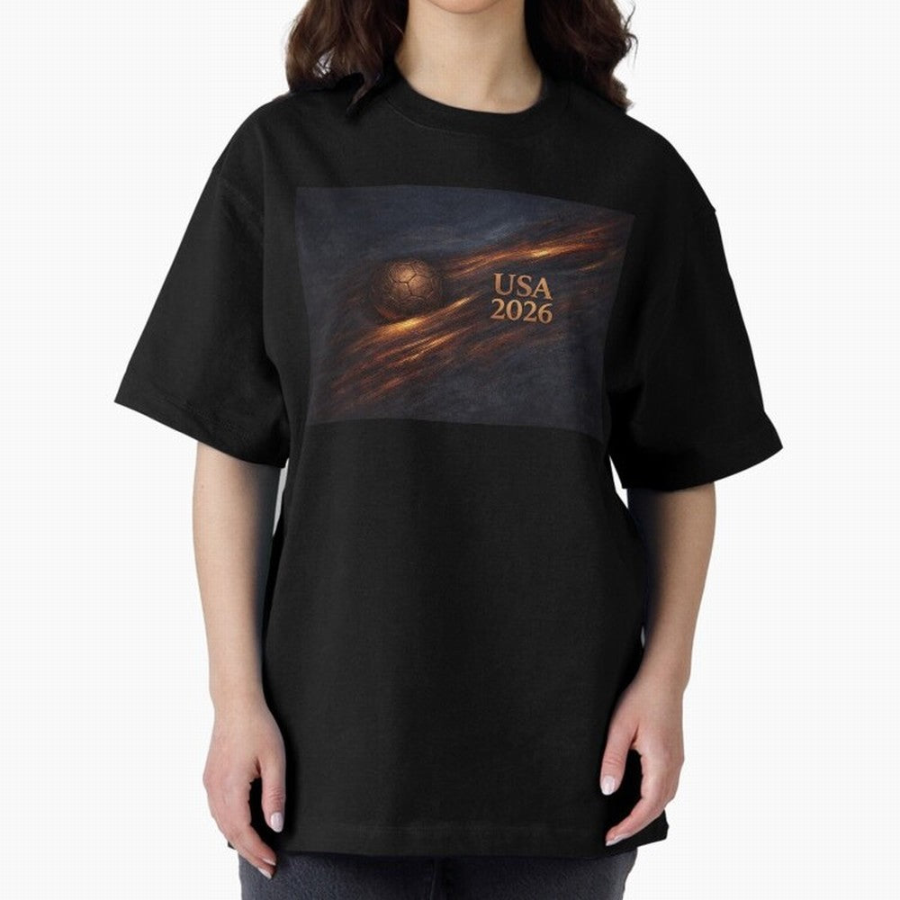 Soccer Ball with USA 2026 Inspired Oversized T-Shirt Represent the Passion of Match Day Hype around FIFA World Cup 2026 USA Canada Mexico, Neymar, Haaland and Cristiano Ronaldo, Argentina and Brazil, Retro Football Energy, Iconic Rivalries, Trophy