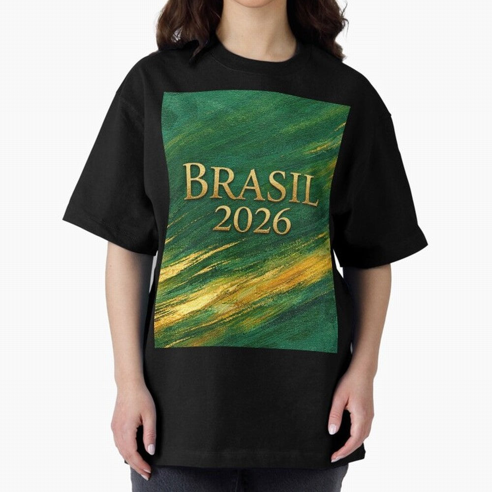 Brasil 2026 Gold Soccer Theme Oversized T-Shirt Show Fan Pride Across Global Football Passion for FIFA World Cup 2026 Group Stage, Centered on Mbappe, England and Germany, Goal Celebration Energy, Supporter Heritage, Football Icons and Worldwide