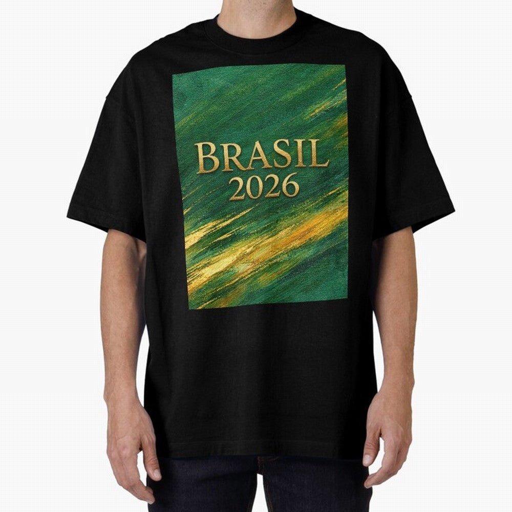Brasil 2026 Gold Soccer Theme Oversized T-Shirt Show Fan Pride Across Global Football Passion for FIFA World Cup 2026 Group Stage, Centered on Mbappe, England and Germany, Goal Celebration Energy, Supporter Heritage, Football Icons and Worldwide
