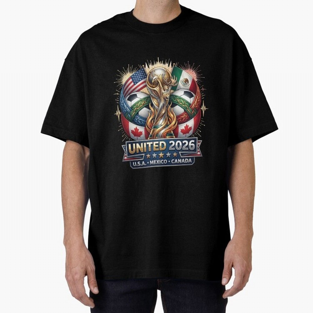 United 2026 Soccer Nations Trophy - USA Mexico Canada Mascot Art Oversized T-Shirt Show Championship Spirit for Global Football Passion for FIFA World Cup 2026 Group Stage, Inspired by CR7, Spain, Supporter Pride, Iconic Celebrations, Legendary
