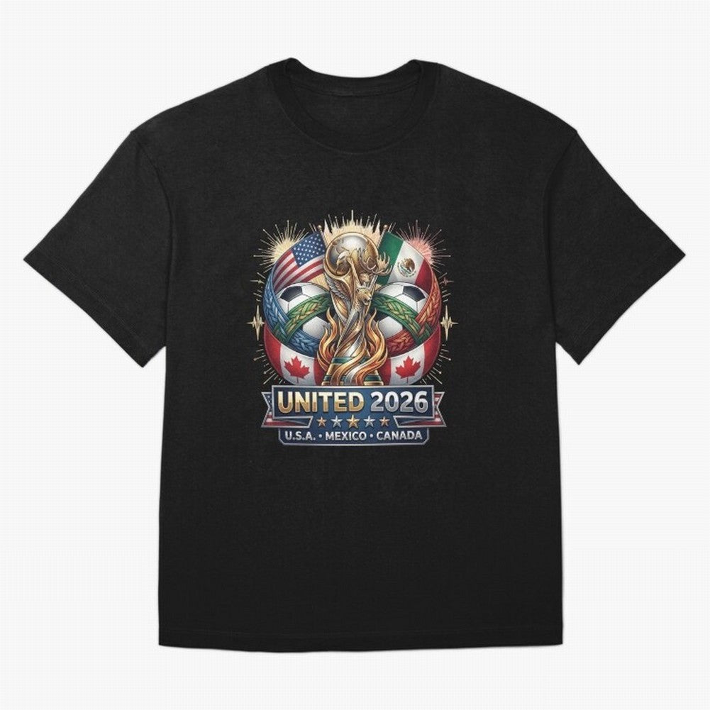 United 2026 Soccer Nations Trophy - USA Mexico Canada Mascot Art Oversized T-Shirt Show Championship Spirit for Global Football Passion for FIFA World Cup 2026 Group Stage, Inspired by CR7, Spain, Supporter Pride, Iconic Celebrations, Legendary