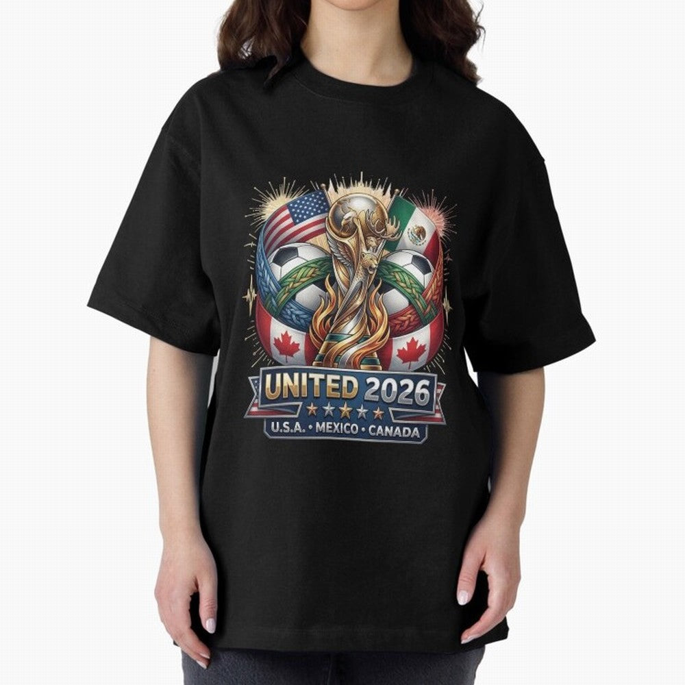 United 2026 Soccer Nations Trophy - USA Mexico Canada Mascot Art Oversized T-Shirt Show Championship Spirit for Global Football Passion for FIFA World Cup 2026 Group Stage, Inspired by CR7, Spain, Supporter Pride, Iconic Celebrations, Legendary