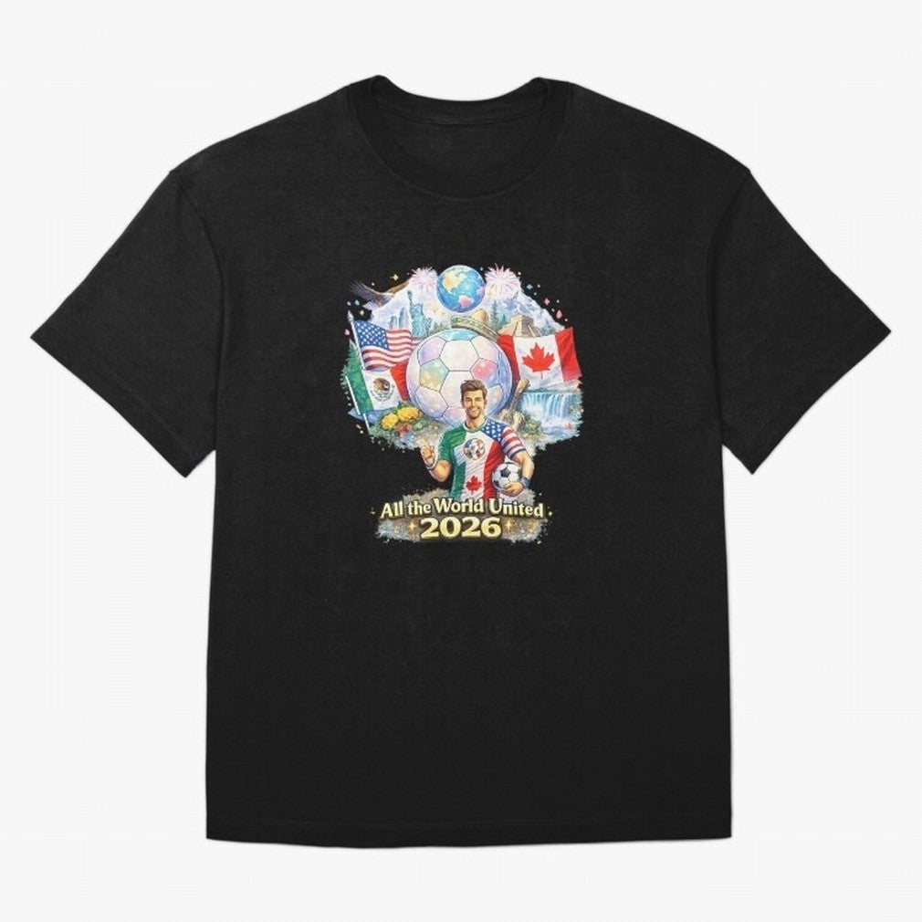 All The World United 2026 Football Design Oversized T-Shirt Feel the Heartbeat of Match Day Hype around FIFA World Cup 2026 USA Canada Mexico, Mbappe and Neymar, Argentina, France and Brazil, Stadium Memories, Football Loyalty, International Chants