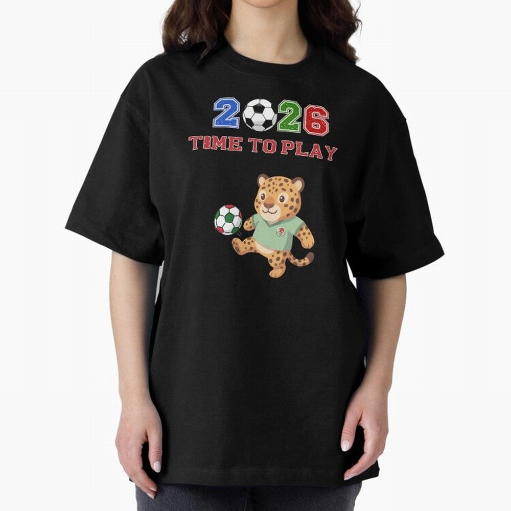 Mexico Soccer Jaguar Mascot 2026 Time To Play Football Oversized T-Shirt Celebrate Fan Culture around FIFA World Cup 2026 Group Stage Connected to Mbappe, France and Portugal Energy, Global Supporter Spirit, Legendary Goals, National Colors and