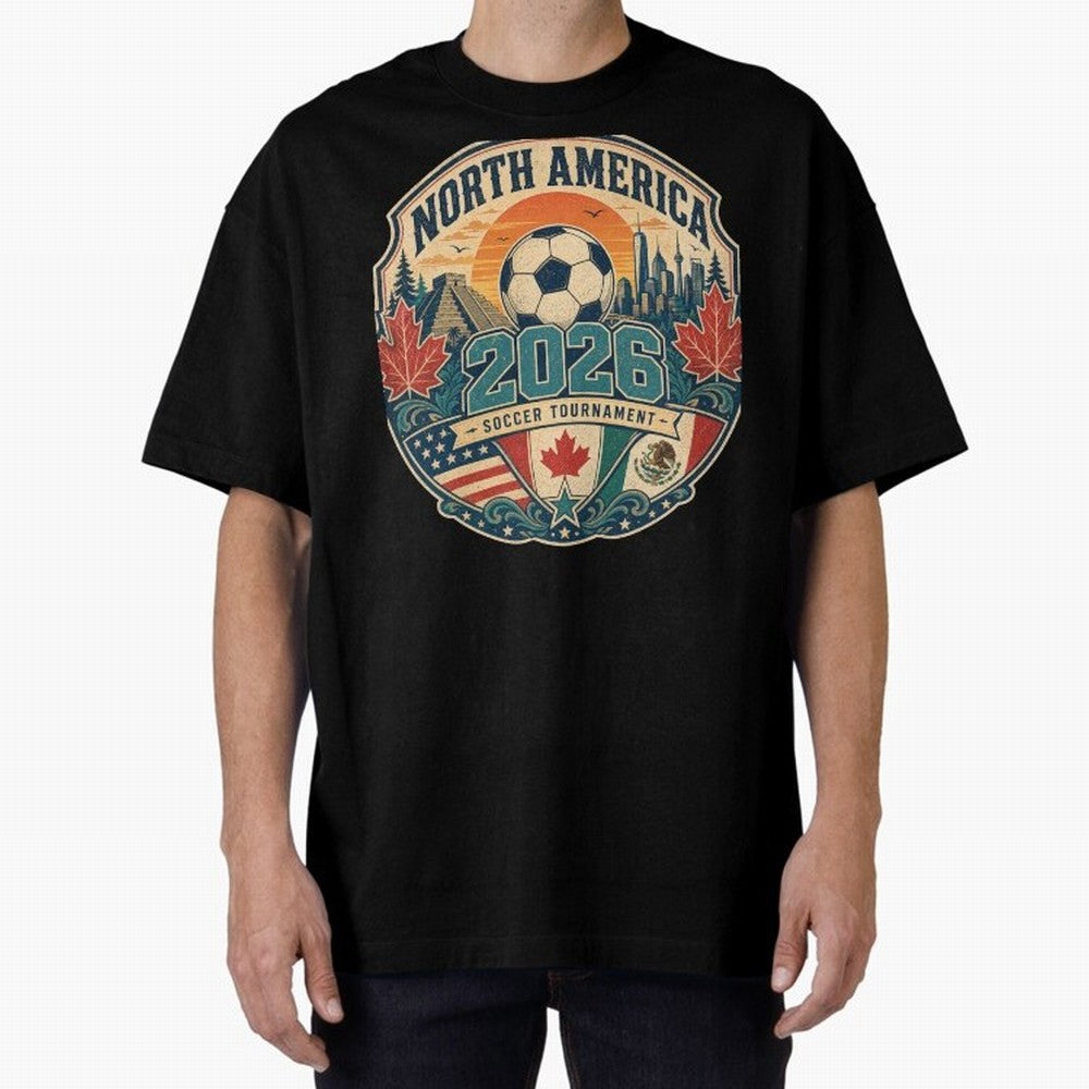 USA Canada Mexico Soccer Cup Oversized T-Shirt Join Supporters Worldwide for FIFA World Cup 2026 Centered on Messi, Argentina and Brazil Energy, Retro Football Energy, Iconic Rivalries, Trophy Chase Drama and Stadium Atmosphere; Ideal for Football