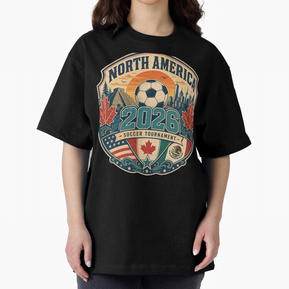 USA Canada Mexico Soccer Cup Oversized T-Shirt Join Supporters Worldwide for FIFA World Cup 2026 Centered on Messi, Argentina and Brazil Energy, Retro Football Energy, Iconic Rivalries, Trophy Chase Drama and Stadium Atmosphere; Ideal for Football