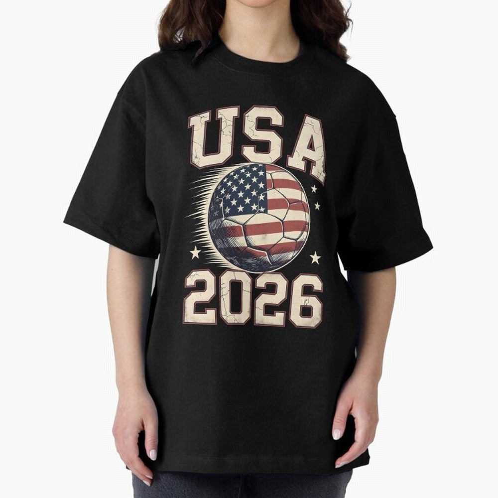 USA 2026 World Cup Soccer Oversized T-Shirt Honor Football Greatness during Match Day Hype around FIFA World Cup 2026 USA Canada Mexico, Mbappe, England, Global Supporter Spirit, Legendary Goals, National Colors and Tournament Celebration; Created