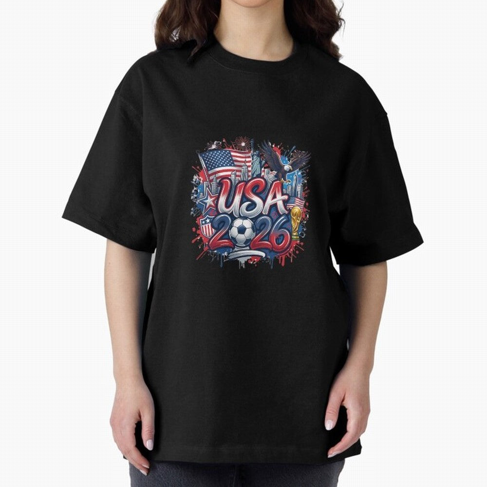 Usa World Cup 2026 Football Legacy Oversized T-Shirt Represent Football Lovers during FIFA World Cup 2026 Group Stage for Fans of Mbappe and Neymar and Brazil, Bringing Vintage Soccer Flavor, Modern Football Stars, National Flags and Final Night