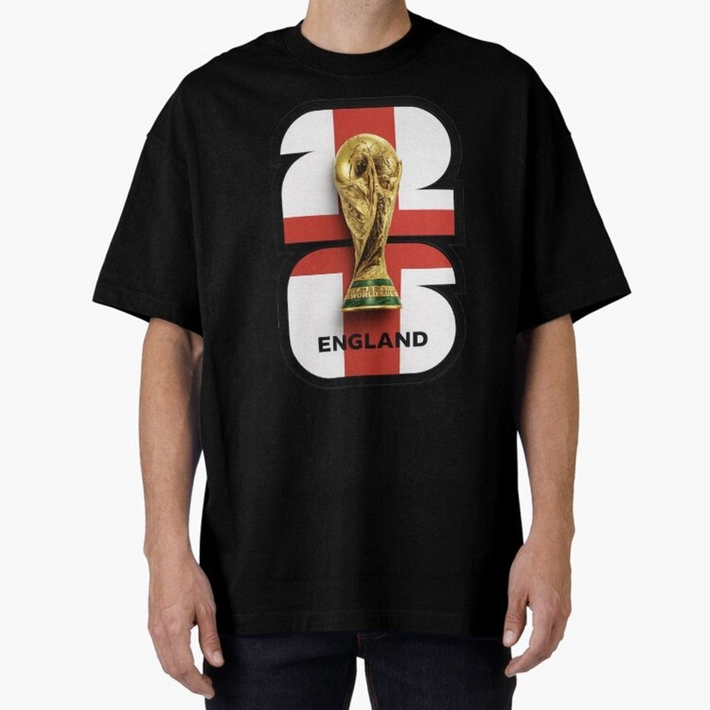 England Football World Cup 2026 - Three Lions Gold Trophy Edition Oversized T-Shirt Celebrate Supporters United by the FIFA World Cup 2026 Group Stage Journey through Haaland and Mbappe Highlights, Spain Pride, Soccer Culture, Superstar Moments,