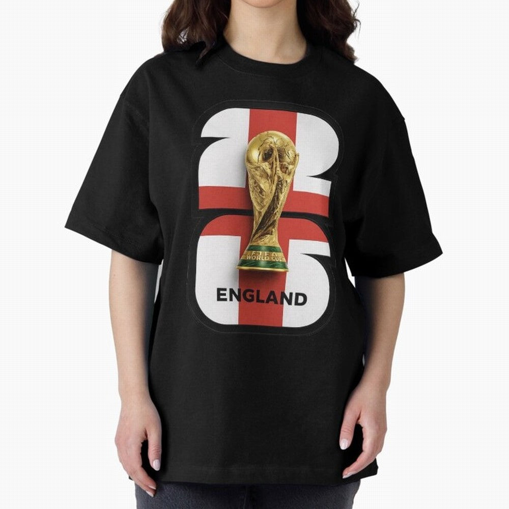 England Football World Cup 2026 - Three Lions Gold Trophy Edition Oversized T-Shirt Celebrate Supporters United by the FIFA World Cup 2026 Group Stage Journey through Haaland and Mbappe Highlights, Spain Pride, Soccer Culture, Superstar Moments,
