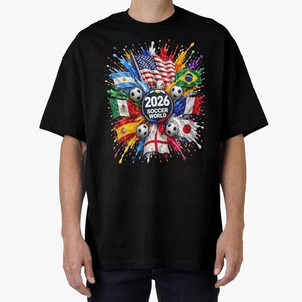 2026 Soccer World Flags USA Mexico Canada Football Paint Splash Graphic Oversized T-Shirt Honor Football Greatness during Global Football Passion for FIFA World Cup 2026, Made for Mbappe and Neymar, Portugal, Stadium Chants, National Pride, Trophy