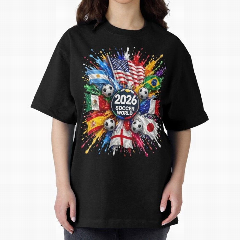 2026 Soccer World Flags USA Mexico Canada Football Paint Splash Graphic Oversized T-Shirt Honor Football Greatness during Global Football Passion for FIFA World Cup 2026, Made for Mbappe and Neymar, Portugal, Stadium Chants, National Pride, Trophy