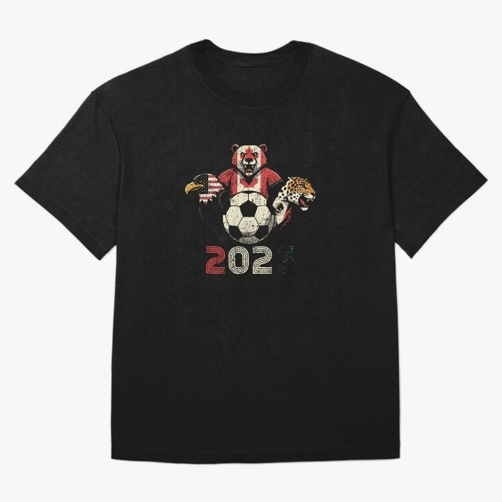 United 2026 Soccer Mascots North America Tournament T-Shirt_83157189 Oversized T-Shirt Join the Global Buzz around Global Football Passion for FIFA World Cup 2026 Group Stage, Highlighting Messi, CR7 and Mbappe, Portugal, Spain and Germany, Stadium