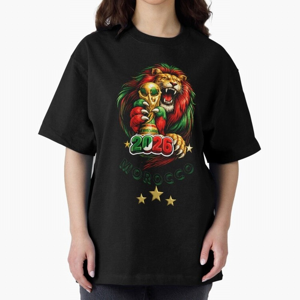 Moroccan Lion World Cup 2026 Design Oversized T-Shirt Show Your Stadium Side during the FIFA World Cup 2026 USA Canada Mexico Journey through Messi, CR7 and Mbappe Highlights, Spain and Netherlands Pride, Fan Favorite Moments, National Team