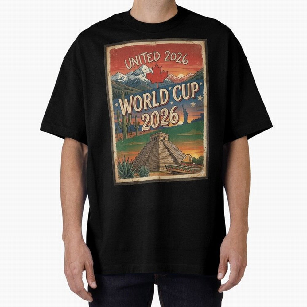 United 2026 World Cup ¨C Vintage North America Soccer Poster Oversized T-Shirt Upgrade the FIFA World Cup 2026 Group Stage Journey through Neymar Highlights, Spain Pride, Vintage Soccer Flavor, Modern Football Stars, National Flags and Final Night